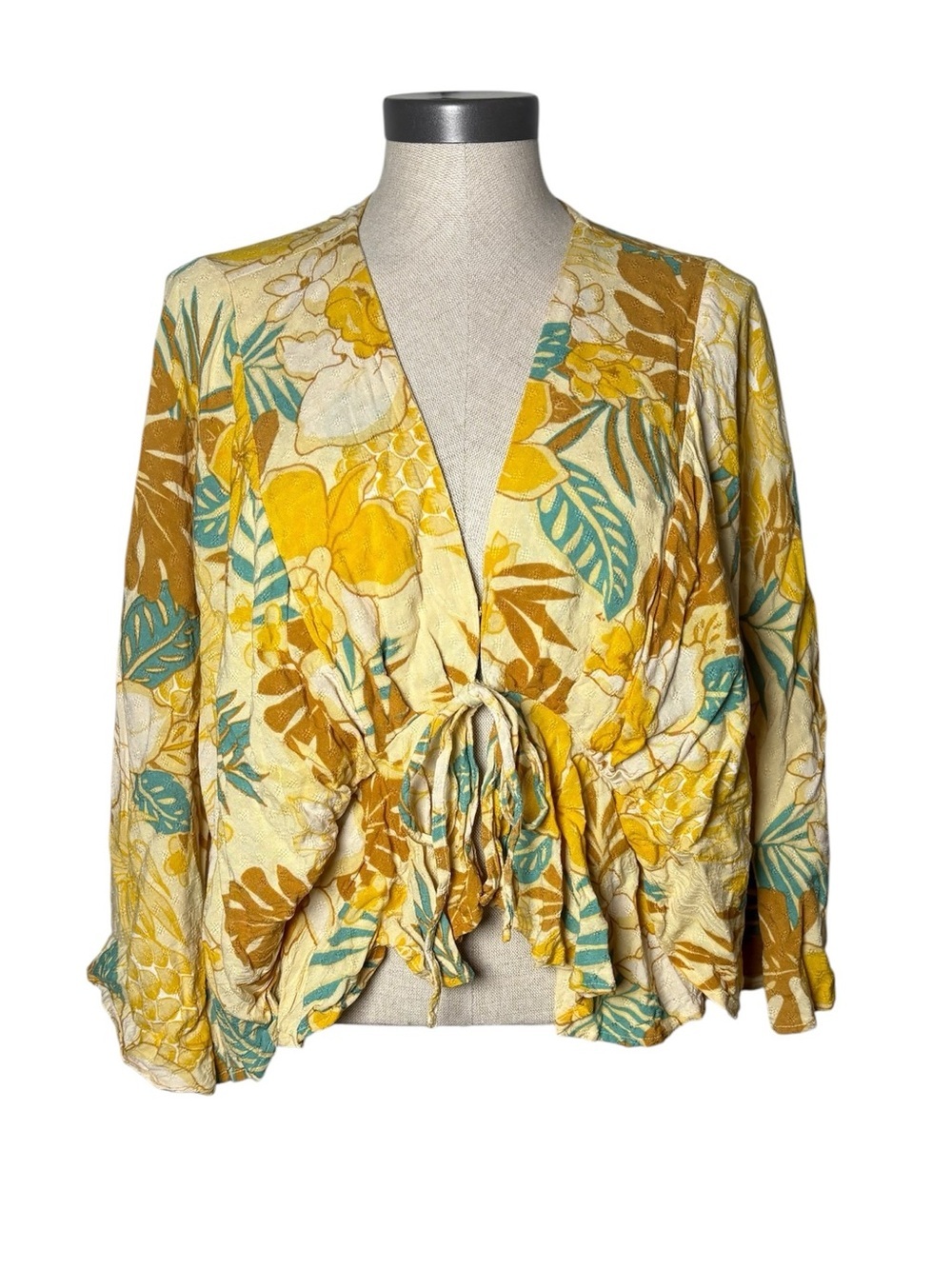 Band of the Free Floral Tie Front Crop Top Boho Balloon Sleeve Medium